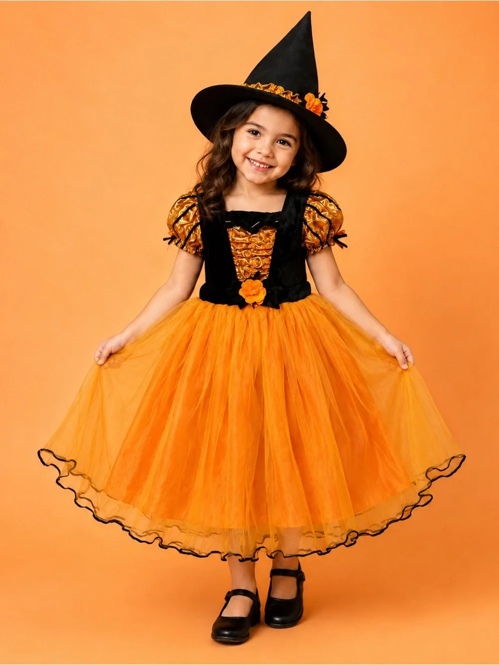 Target Girls Witch Halloween Costume Dress & Hat Orange Gold Black Size 4-5T
